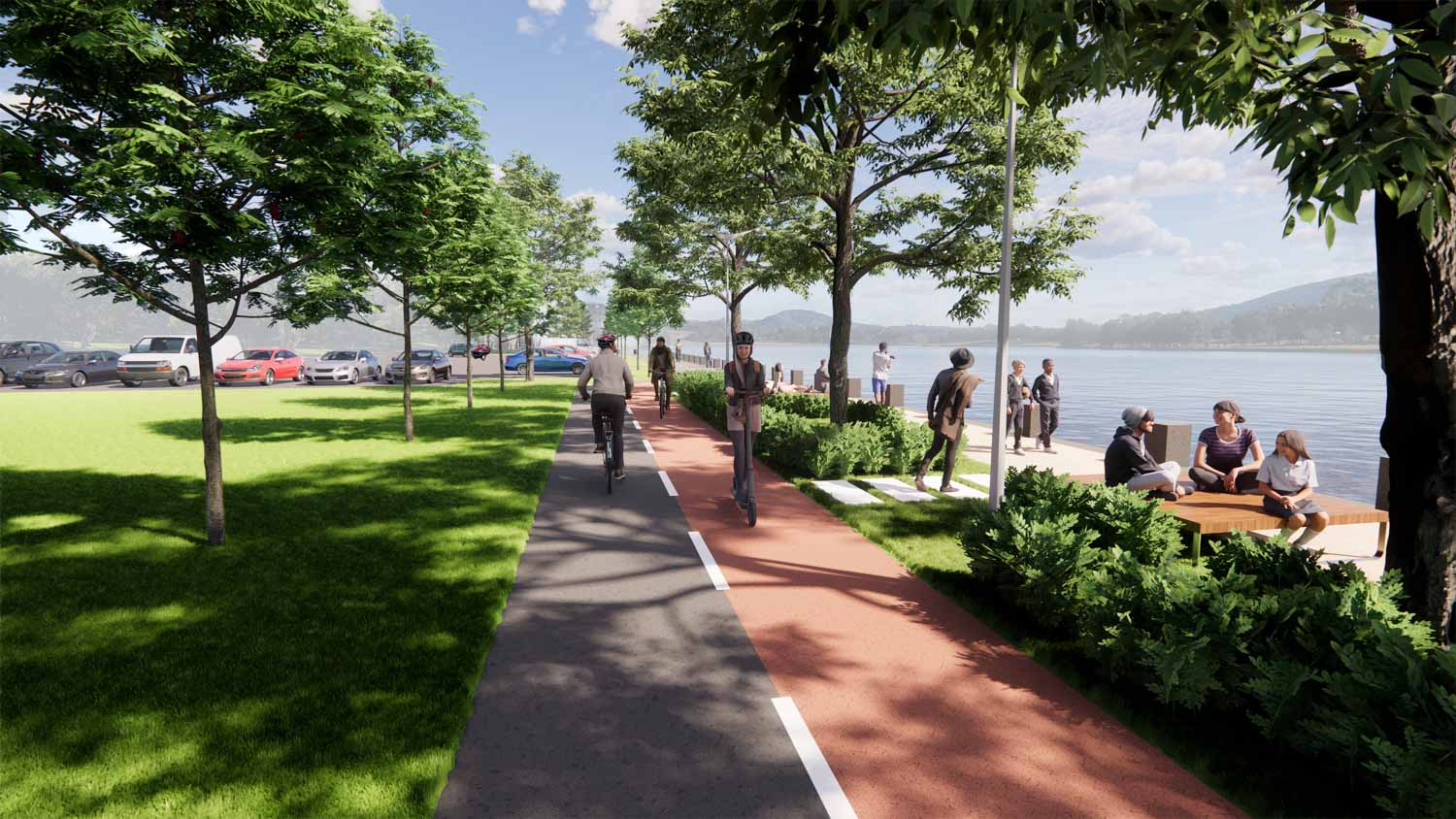 Artist impression of pathway with cyclist and people sitting on a bench