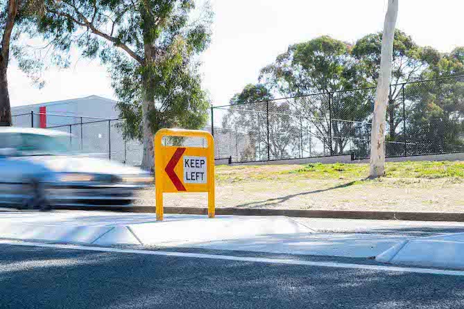 Image of refuge island on Starke Street near the corner of Hardwick Crescent in Holt..