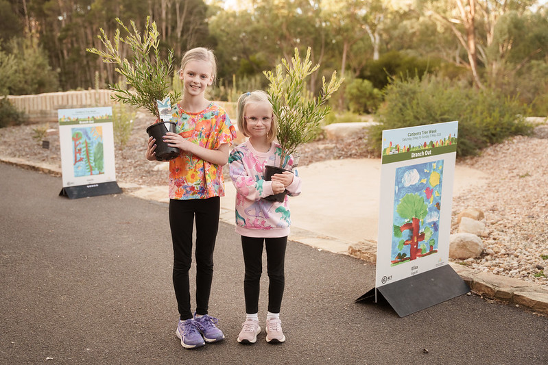Two children stand on a path next to two drawings of trees. They are holding potted plants and a green garden with trees and shrubs is behind them.