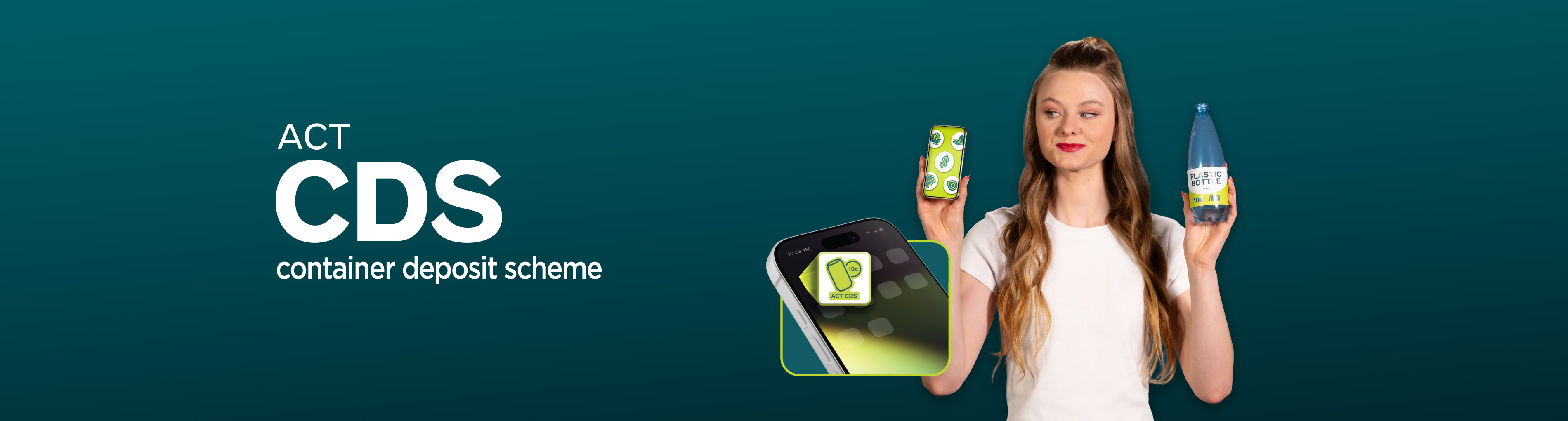 A woman holds up a mobile phone and a drink bottle.