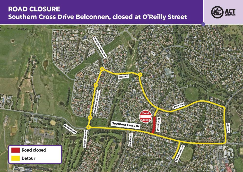 Map showing road closure on Southern Cross Drive.