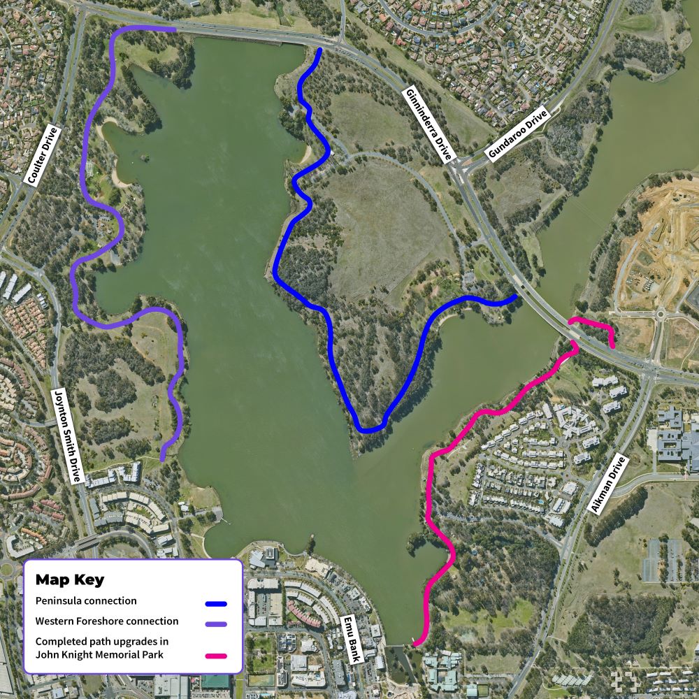 A map showing where works will be undertaken on the paths around Lake Ginninderra.
