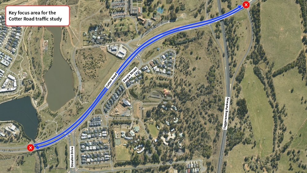 an aerial map showing the planned traffic study area on Cotter Road