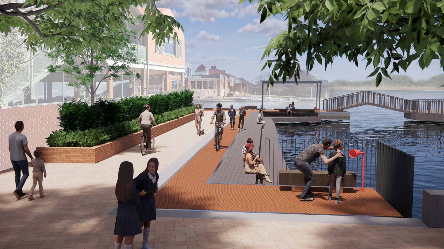 Artist impression of pathway with cyclist and people sitting on a bench