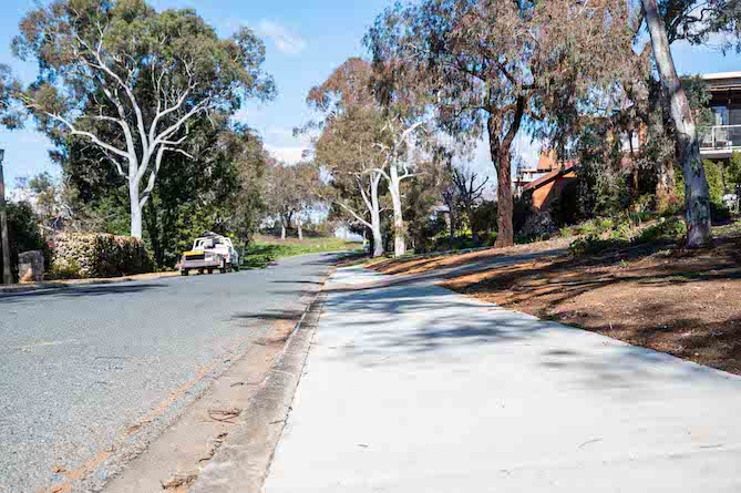 Image of a new path along Brockman Street between St Aidans Retirement Community and La Perouse Street in Narrabundah.